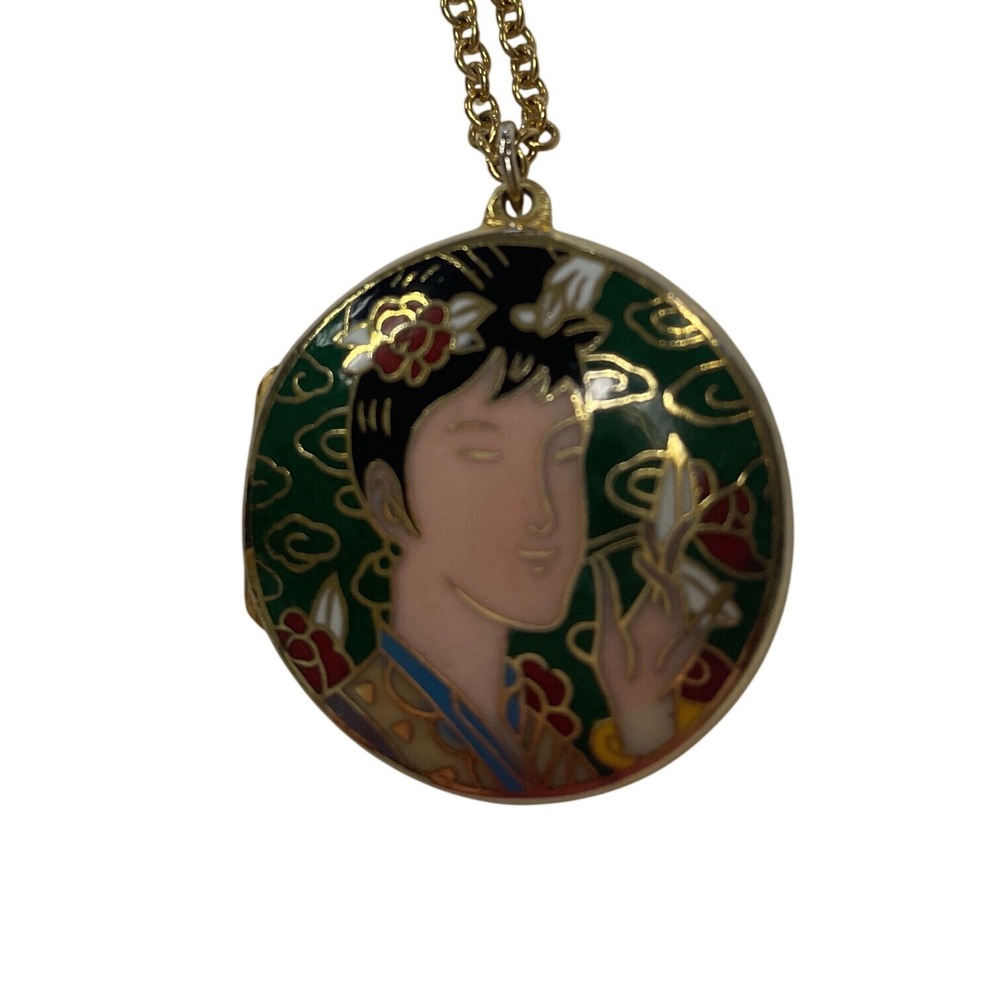 Vintage Cloisonne Enamel Portrait Locket Necklace Gold Tone Round Pendant 24in